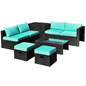 8-Pieces Wicker Patio Conversation Set Sectional Sofa Set All-Weather Tempered Glass Table and Turquoise Cushions