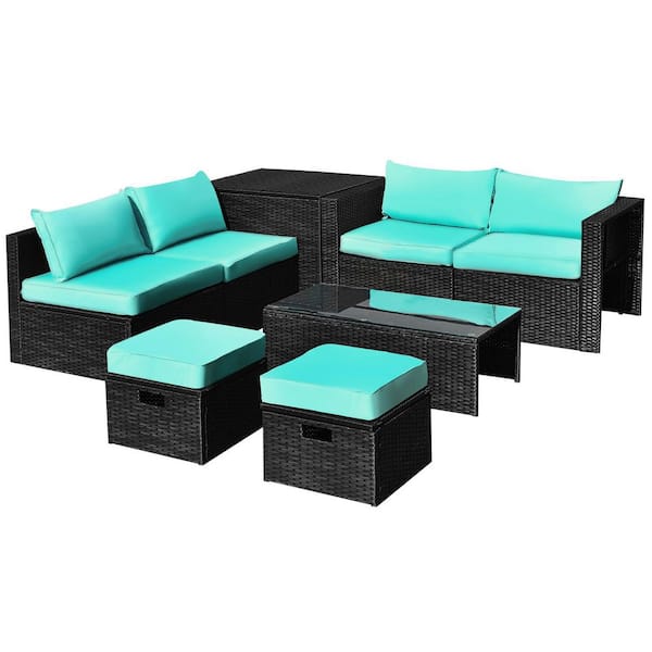 HONEY JOY 8-Pieces Wicker Patio Conversation Set Sectional Sofa Set All-Weather Tempered Glass Table and Turquoise Cushions