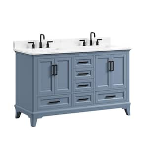 Rawsonville 61 in. Double Sink Freestanding Steel Blue Bath Vanity with White Quartz Top and Backsplash Assembled