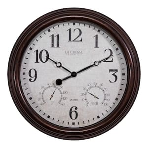 15 in. Brown Indoor/Outdoor Quartz Wall Clock with Thermometer and Hygrometer