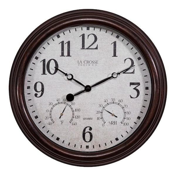 La Crosse Technology 15 in. Brown Indoor/Outdoor Quartz Wall Clock with Thermometer and Hygrometer