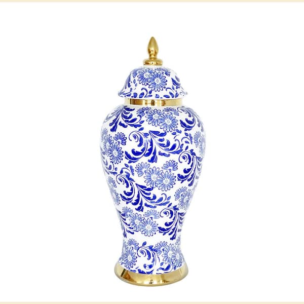 Unbranded 17.5 in. White and Blue Ceramic Ginger Jar Vase with Removable Gold Accents Lid, for Living Room, Bedroom and Dining