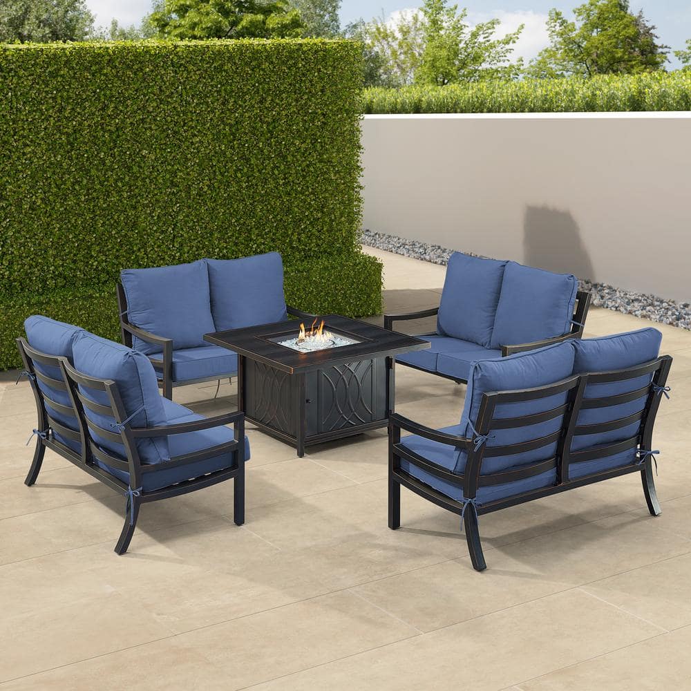 Black 6-Piece Aluminum Patio Fire Pit with 4-Deep Seating Loveseat Blue Cushions price history on PriceWatchPro