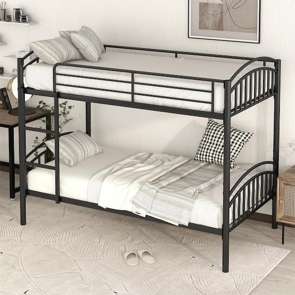 Harper & Bright Designs Black Twin over Twin Metal Bunk Bed with Ladder, Divided into 2-Separate Beds