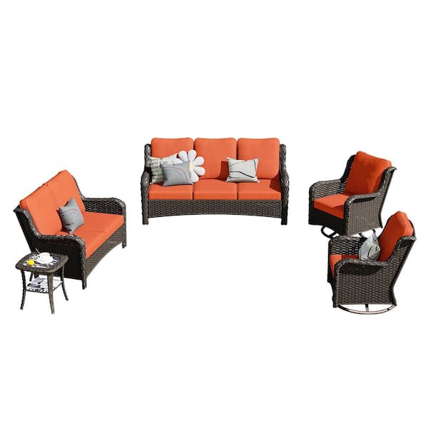 Mercury Brown 5-Piece Wicker Patio Conversation Seating Set with Orange Red Cushions