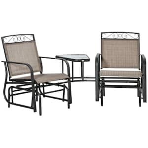 Brown Outdoor Metal Glider Chairs with Coffee Table, Patio 2-Seat Rocking Chair Swing with Breathable Sling