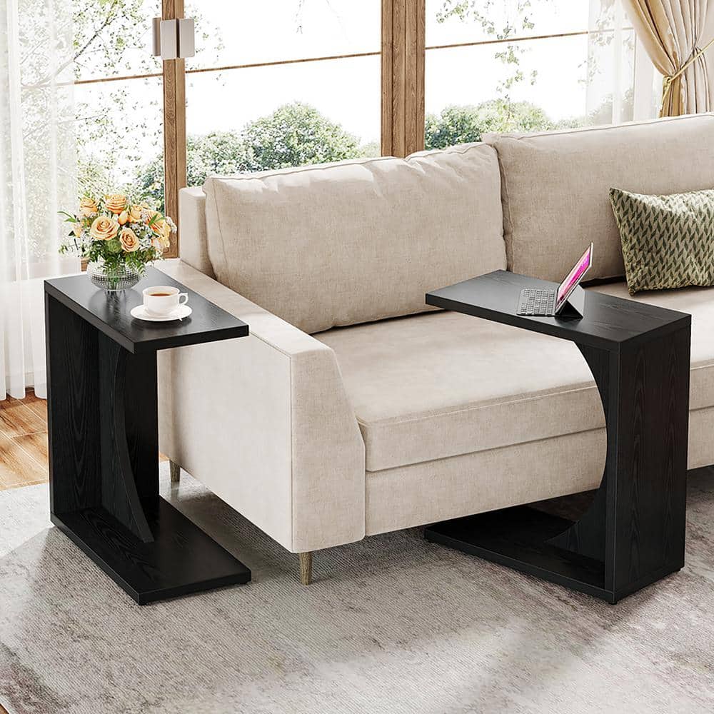Kerlin 23.62 in. Black C-Shaped Wood End Table Set of 2, Sofa Side Table for Small Space, Couch Table for Home Office