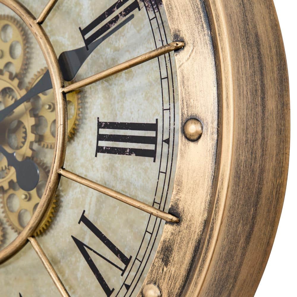 Gilded Gold Round Metal Gear Wall Clock with Roman Numerals