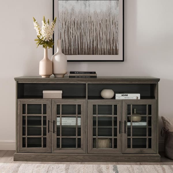 Walker Edison Furniture Company 58 in. Transitional Slate Grey Wood TV Stand with Glass Hatched Doors (Max TV Size 65 in.)