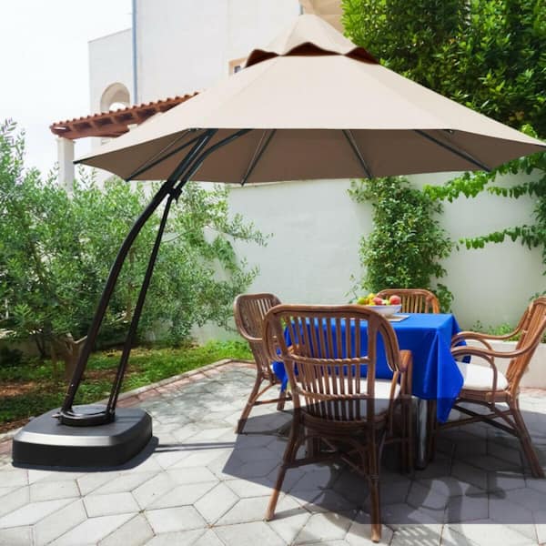 11 ft. Outdoor Cantilever Hanging Patio Umbrella in Tan with Base and Wheels