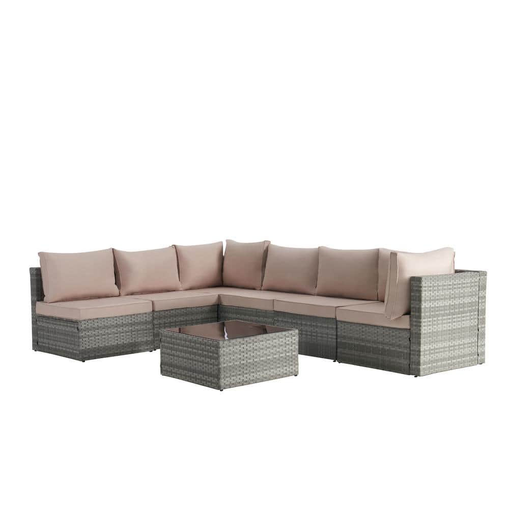 7-Piece Wicker Outdoor Sectional Sofa Set with Beige Cushions and Tempered 