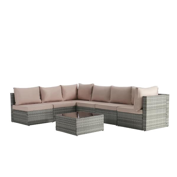 7-piece Wicker Outdoor Sectional Sofa Set With Beige Cushions And 