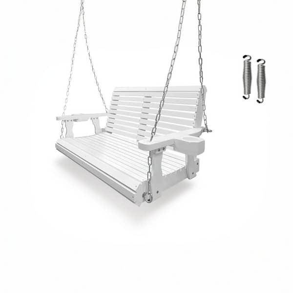 4 ft. Extra Large Wooden Porch Swing 2-Seater with Cupholders, High Backrest, Hanging Chains, 880 lbs. White