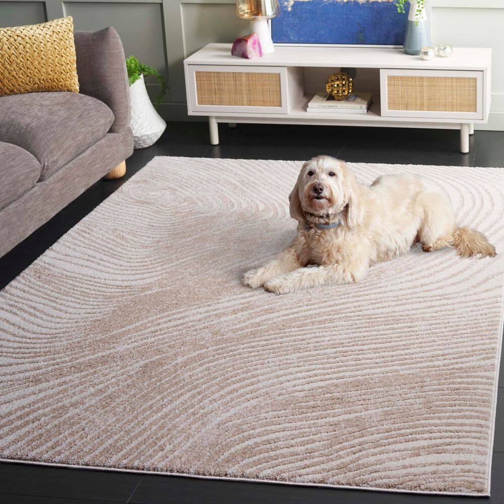 Ivory and Beige Rectangular Synthetic Area Rug, 4' x 6'