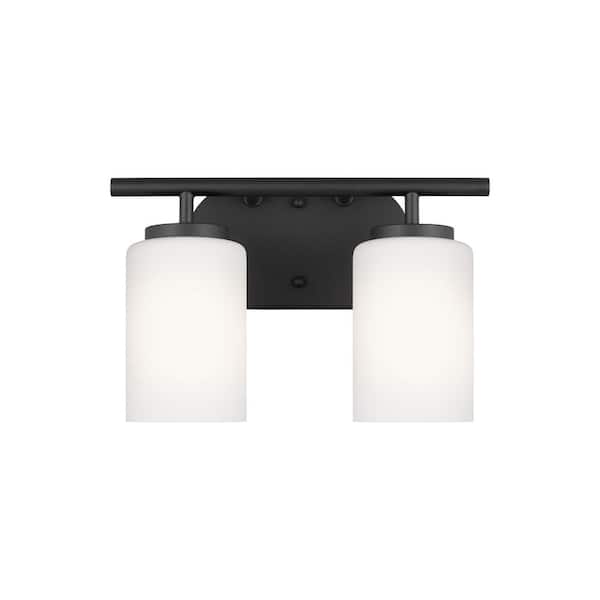 Generation Lighting Oslo 12.5 in. 2-Light Midnight Black Transitional Contemporary Bathroom Vanity Light with Cased Opal Etched Glass Shades