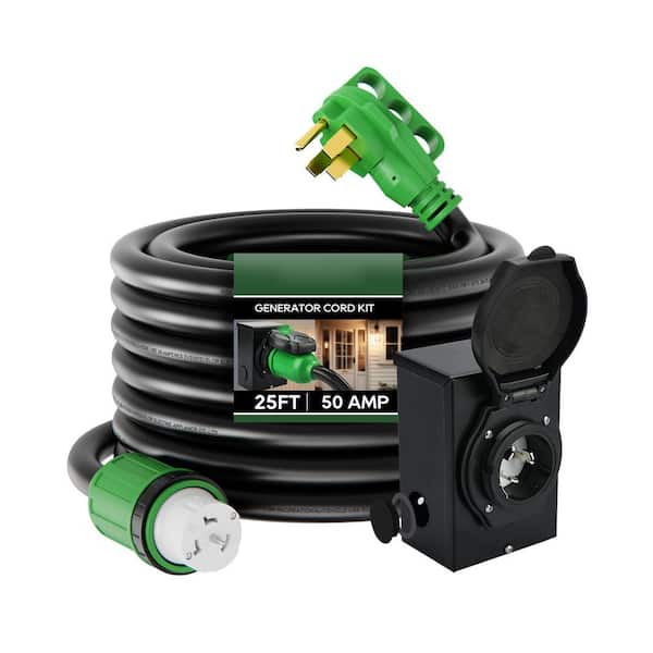 25 Foot 50 Amp Generator Cord & Power Inlet Box Combo Kit, NEMA 14-50P to SS2-50R w/ Pre-Drilled Inlet Box, ETL Listed