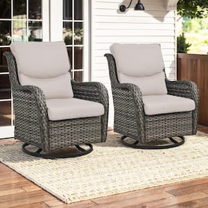 Crescent Moon Swivel Wicker Outdoor Rocking Chair with Cushion Guard Beige Cushions (Set 2-Pack)