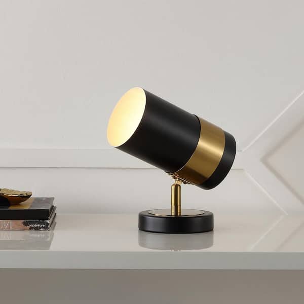 JONATHAN Y Astra 9.25 in. Modern Industrial Iron Adjustable Indoor LED Floor Spotlight, Black/Brass Gold