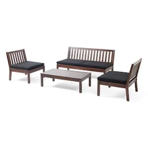 Caswell Dark Brown 4-Piece Wood Outdoor Patio Conversation Seating Set with Black Cushions