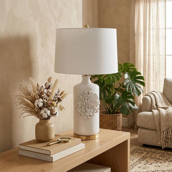 29 in. Tan Stoneware Dahila Flower Applique Table Lamp