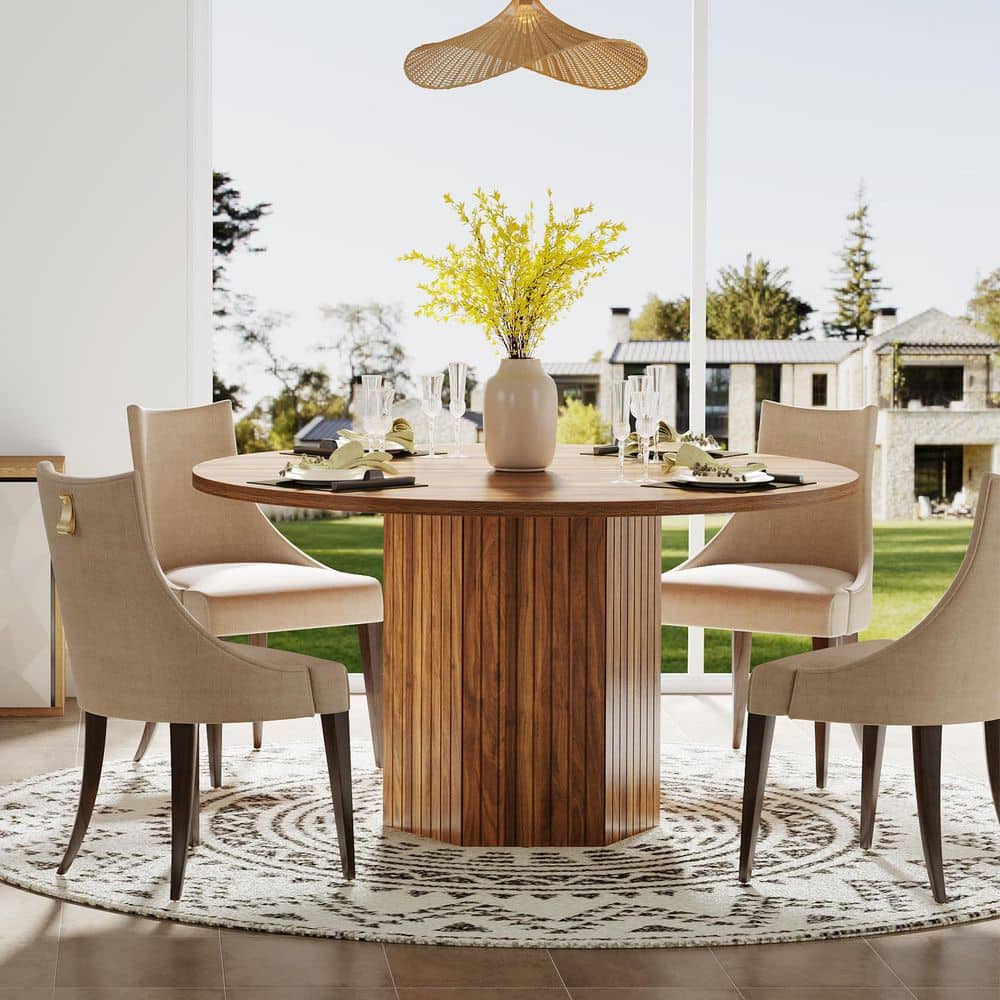 Roesler 47 in. Dark Brown Wood Round Dining Table, Pedestal Dining Table for Dining Room for 4, Easy Assembly