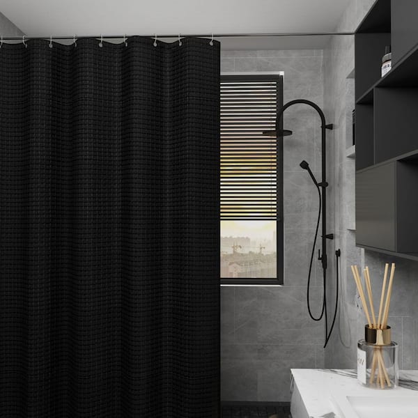 Black Bathroom Curtain Liner Waffle Textured Shower Curtain Polyester Bath Curtain with 12 Plastic Hooks, 71" X 71"