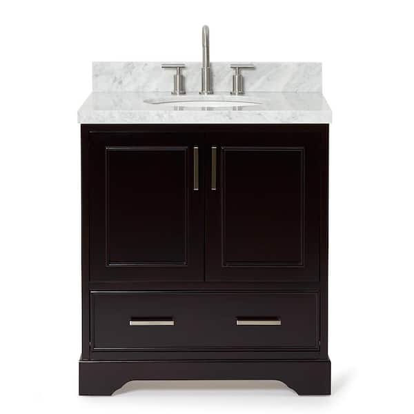 Stafford 30 in. W x 22 in. D x 36 in. H Single Sink Freestanding Bath Vanity in Espresso with Carrara White Marble Top