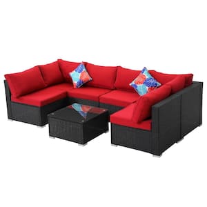 7-Piece Modern Rattan Wicker Garden Outdoor Sectional Set with Red Cushions and Glass Table for Patio, Garden, Deck