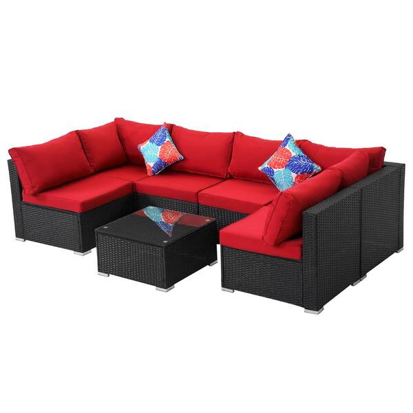 Zeus & Ruta 7-Piece Modern Rattan Wicker Garden Outdoor Sectional Set with Red Cushions and Glass Table for Patio, Garden, Deck