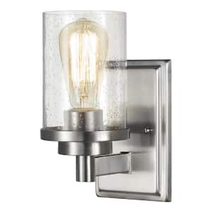 1-Light Brushed Nickel Wall Sconce with Clear Seeded Glass Shade
