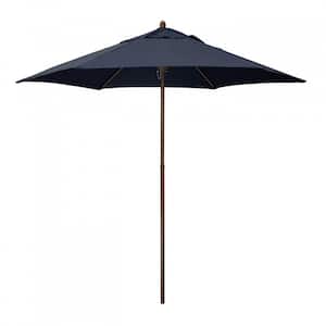 9 ft. Wood-Grain Steel Push Lift Market Patio Umbrella in Polyester Navy Blue Fabric