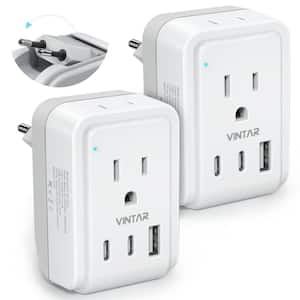 3.4 Amp. Grounded Plug Travel Adapter with 2 AC Outlets 3 USB Ports 2 USB C Type C Power Adapter to Most Europe (2-Pack)