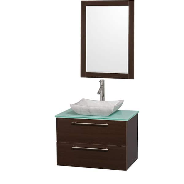 Wyndham Collection Amare 30 in. Vanity in Espresso with Glass Vanity Top in Aqua and Carrara Marble Sink