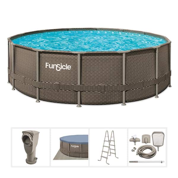Oasis Designer 16 ft. Round 48 in. Deep Metal Frame Above Ground Pool with Pump, Dark Double Rattan