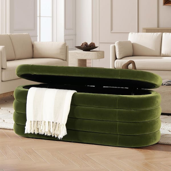 Fuji 49 in. Upholstered Oval Storage Bench, Olive Green Performance Velvet