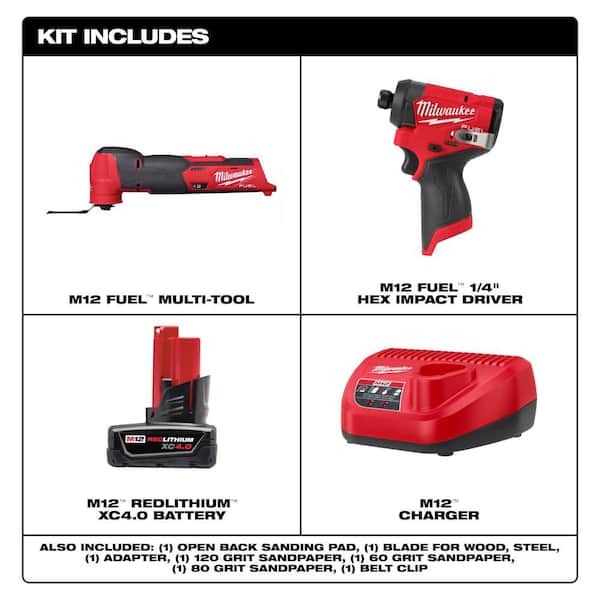 M12 FUEL 12V Lithium-Ion Cordless Oscillating Multi-Tool Kit with Impact Driver, Battery, Charger, Accessories and Bag