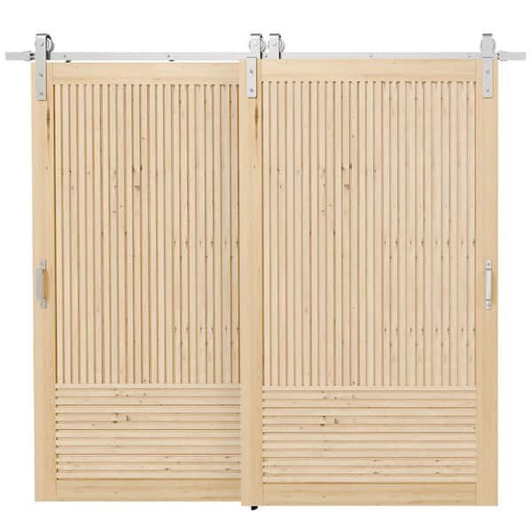 96 in. x 84 in. Pine Wood Fluted Vertical and Horizontal Slat Bypass Assembly Required Barn Door with Hardware Kit
