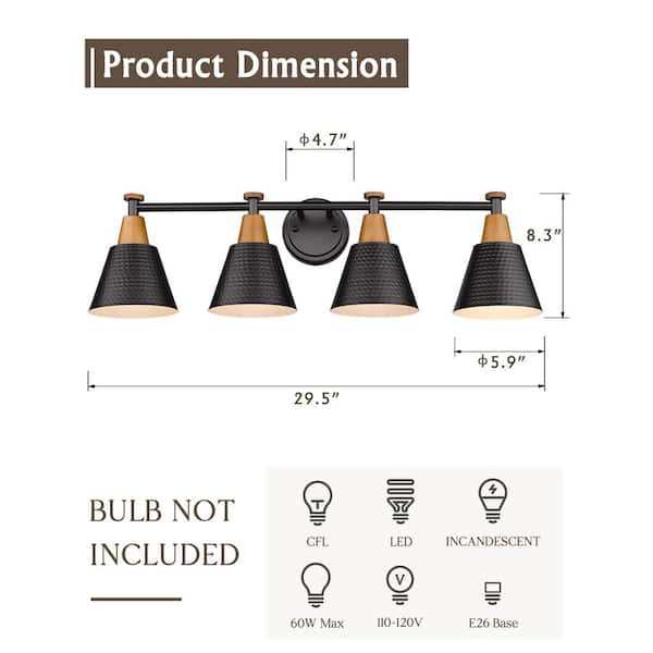 29.5 in. 4-Light Black Bathroom Vanity-Light with Metal Shade