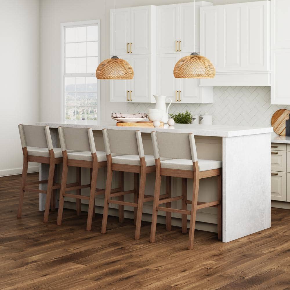 Linus Natural Flax Upholstered Bar Stools with Rubberwood Legs, Set of 4