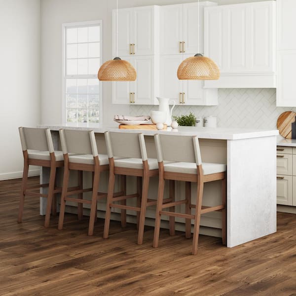 Linus Modern Upholstered Bar Stool with Back and Solid Rubberwood Legs in a Wire-Brushed Brown Finish, Set of 4