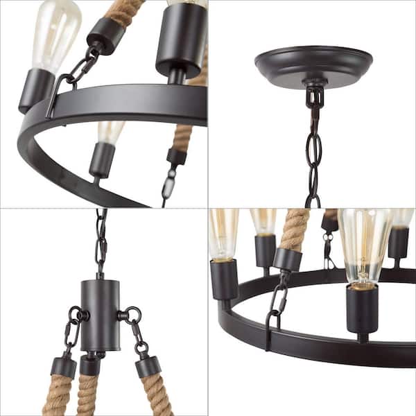 Lnc Farmhouse Chandelier Black Round 6 Light Wagon Wheel Island Pendant With Rope Accents Zvbjyuhd12993g6 Lnc Farmhouse Chandelier Black Round 6, Black Round Farmhouse Chandelier