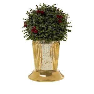 14 in. LED Topiary Mercury Glass Planter with Red Berry