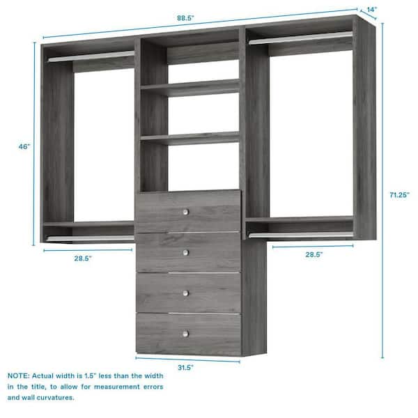 Vista Collection 88.5 in. W-88.5 in. W Gray Closet Kit Premium Closet Kit Wall Mounted 9-Shelf Wood Closet System