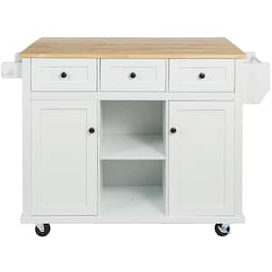 White Rubber wood 53 in. Kitchen Island Drop-Leaf Countertop Cabinet door internal storage racks 5-Wheels 3-Drawers