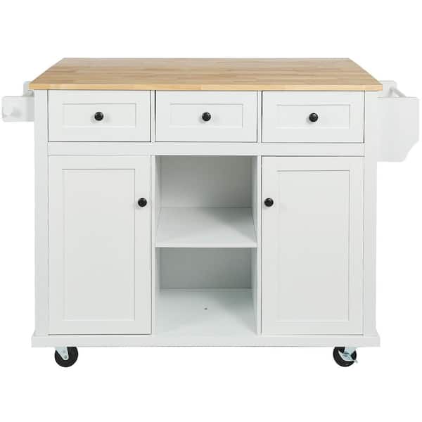 Zeus & Ruta White Rubber wood 53 in. Kitchen Island Drop-Leaf Countertop Cabinet door internal storage racks 5-Wheels 3-Drawers