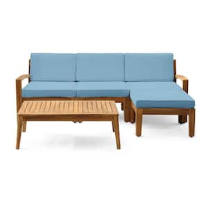 Natural 5-Piece Acacia Wood Rectangular L-Shape Outdoor Sectional Set with Blue Cushions 3 Chairs, 1 Ottoman and 1 Table