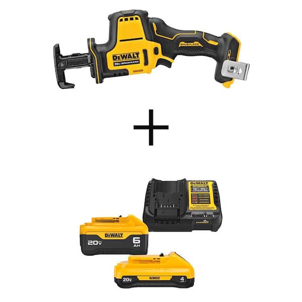 ATOMIC 20V MAX Cordless Brushless Compact Reciprocating Saw, (1) 20V 6.0Ah and (1) 20V 4.0Ah Batteries, and Charger