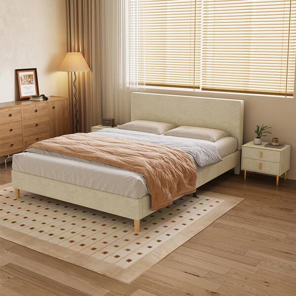 Harper & Bright Designs Classic Grayish Beige Wood Frame Queen Size Cotton and Linen Upholstered Platform Bed with Soft Headboard