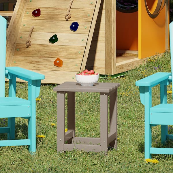 Children's Laguna Outdoor Patio All Weather Fade Resistant Kids Plastic Adirondack Square Side Table, Weathered Wood