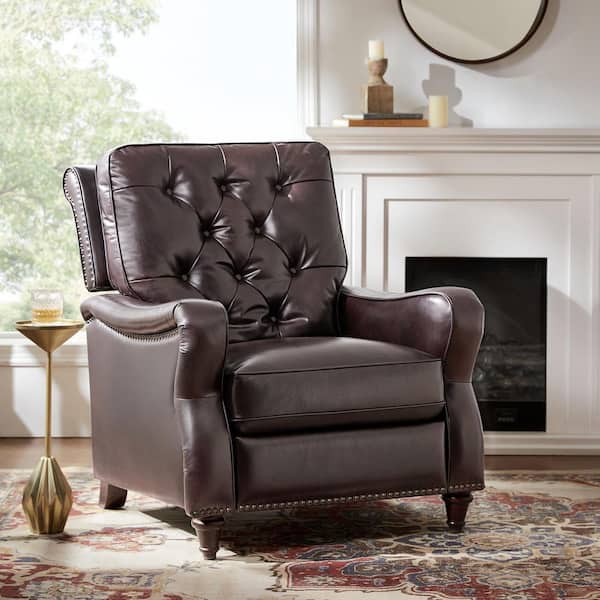 JAYDEN CREATION Louisa Brown 33.5 in. W Genuine Leather Manual Recliner with Solid Wood Legs